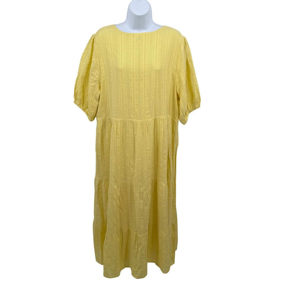 J. Jill Yellow Textured Dobby Tiered Maxi Dress Puff Sleeve Large Coastal Resort